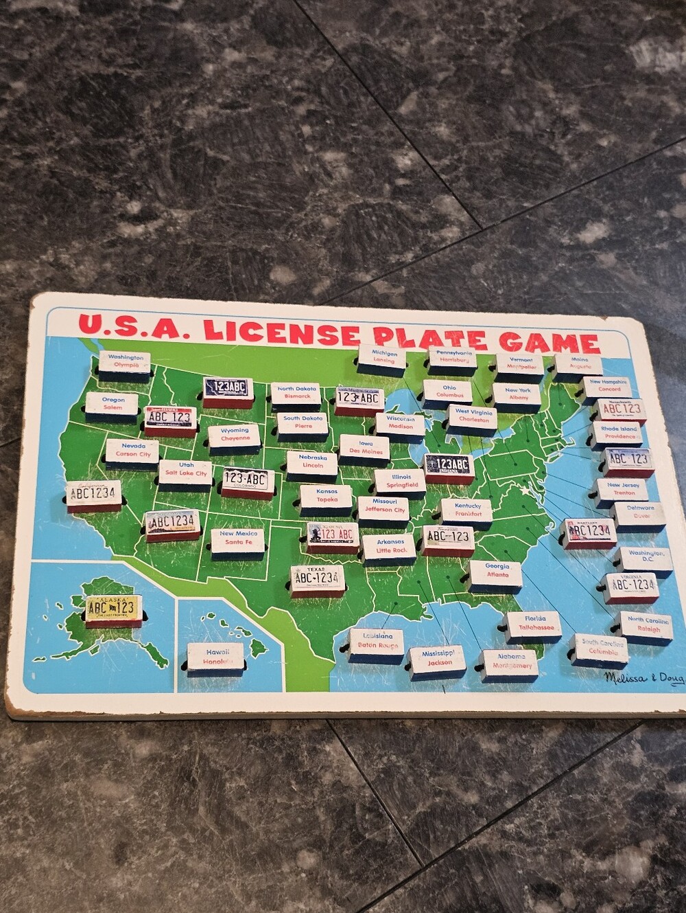 Melissa & Doug Wooden USA License Plate Car Travel Game Flip Map Gameboard LOVED